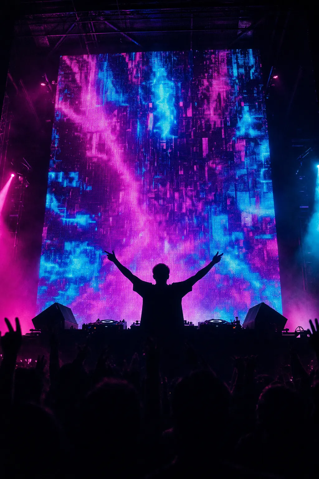 DJ silhouette with raised arms in front of a glitching cyan and violet LED wall