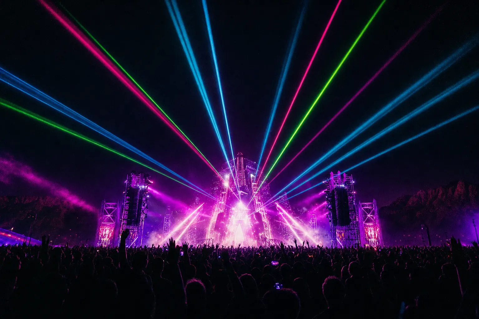 Desert festival grounds at night under laser light