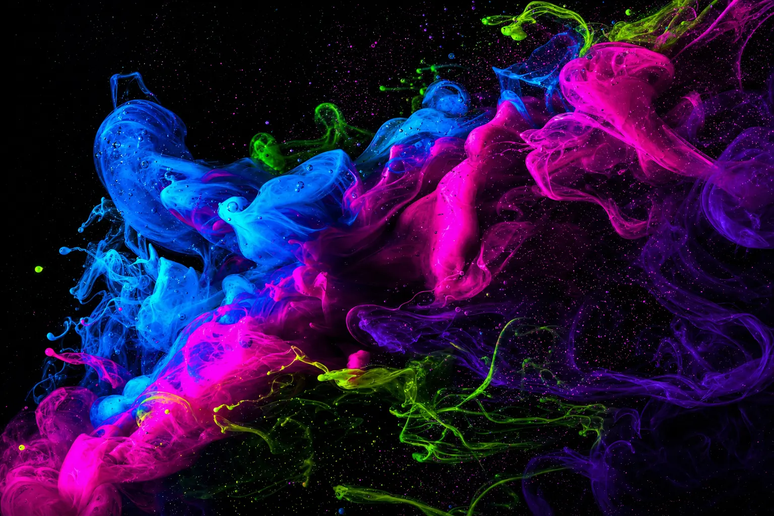 UV-lit liquid light installation — cyan and magenta fluid swirling in darkness